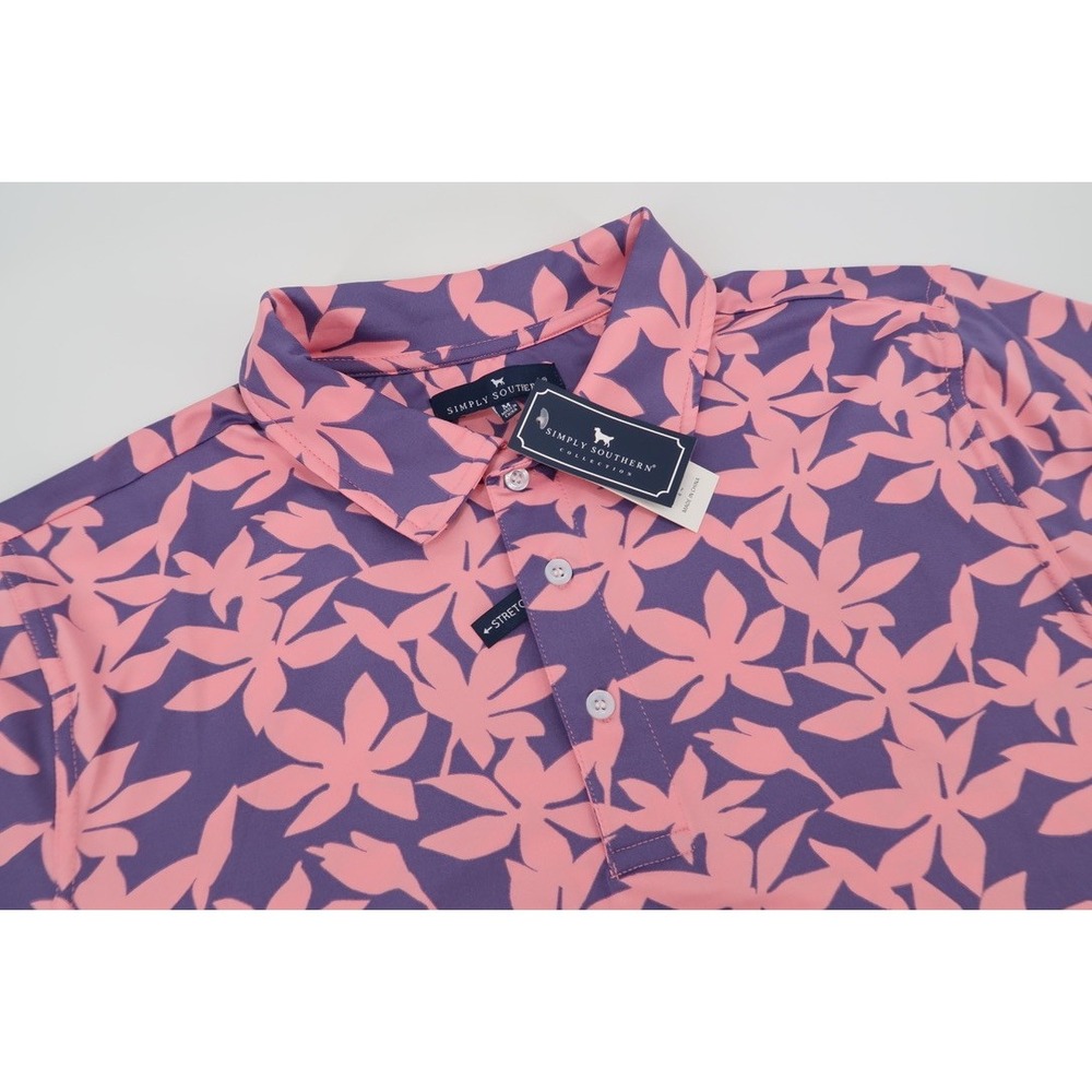 Simply‎ Southern Polo Shirt Mens Medium Pink Purple Floral Performance Stretch